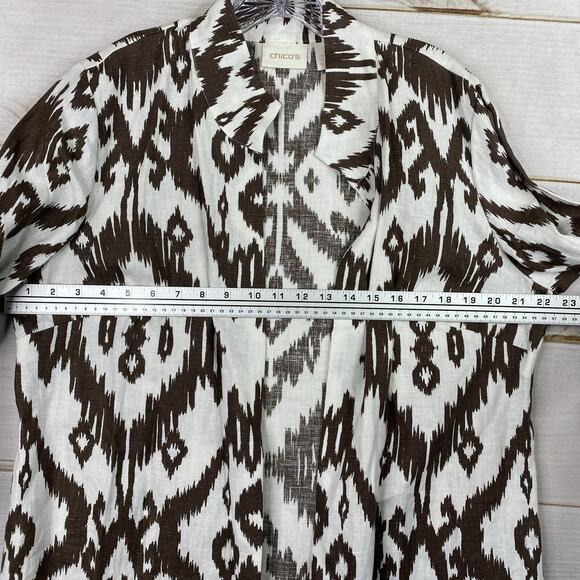 Chico's Womens Cardigan Top Sz 2 L 12 Brown White Open Front Tribal 3/4 Sleeve - Picture 7 of 11